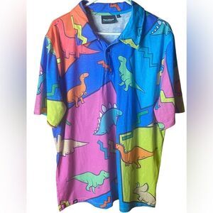 Fresh Hoods Blue Colorful Dinosaurs Casual Polo Mens Size Large